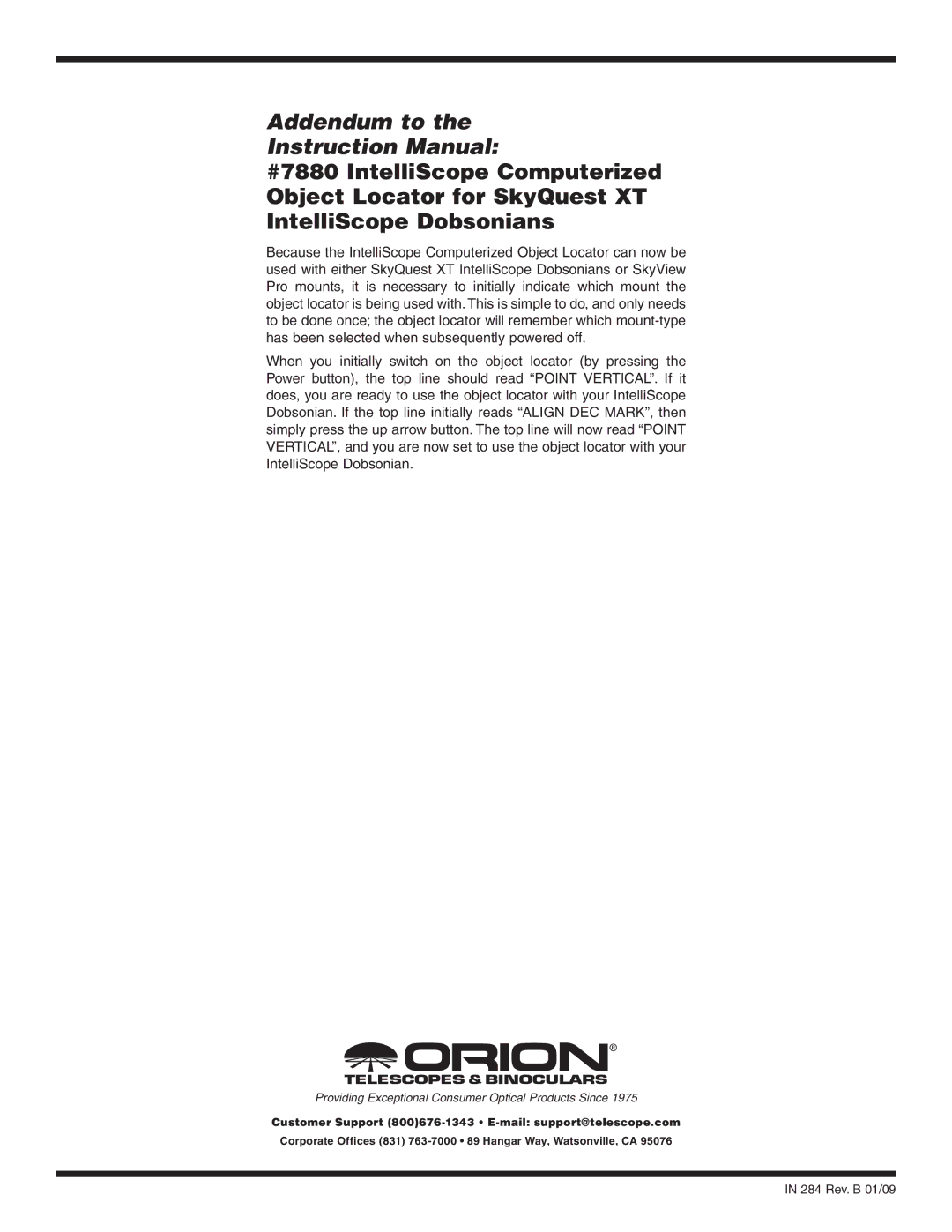 Orion 7880 instruction manual Addendum to Instruction Manual, Providing Exceptional Consumer Optical Products Since 